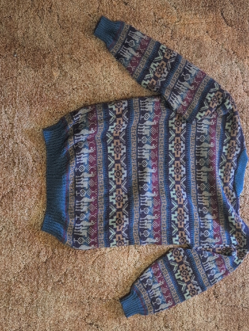 Andean Alpaca Wool Made In Peru Blue Multi-Pattern Crewneck Sweater Size L
